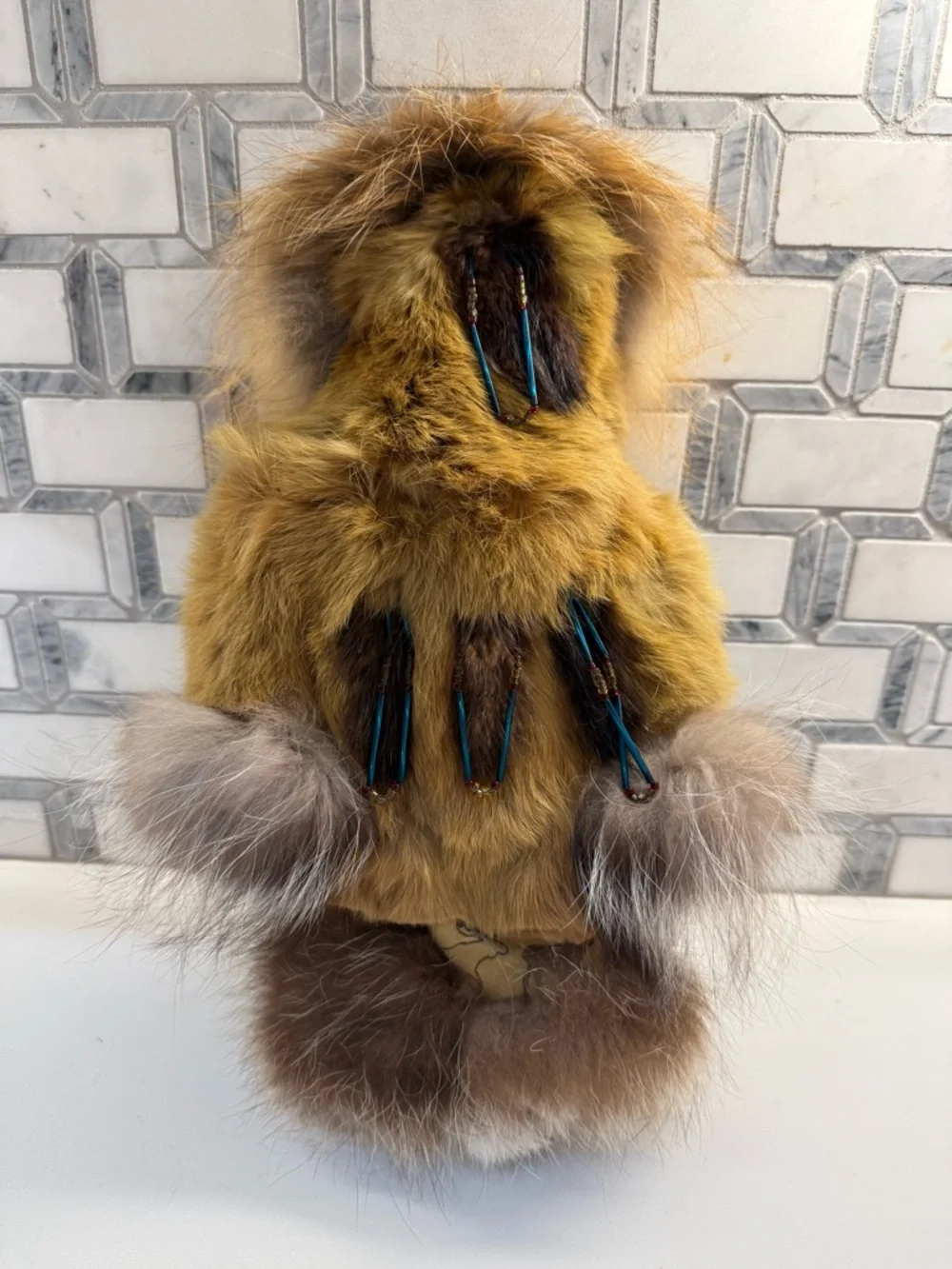 Camai Vintage, Alaska Doll Fur Eskimo Doll with Wooden Face - Green/Brown